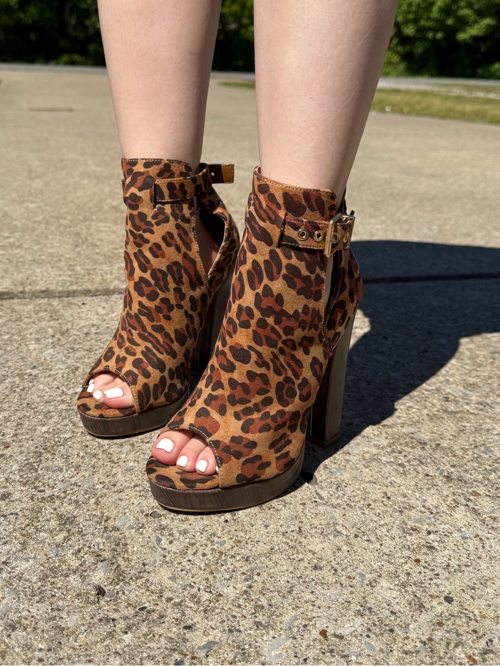 Shoe Republic LA Leopard Print Peep-Toe Block Heel Ankle Boots - Brown